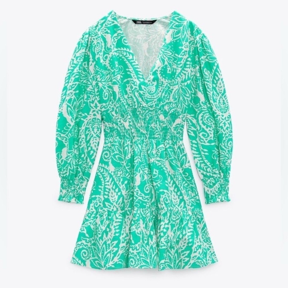 Zara Linen Blend Tropical Print Ruffled Dress Green 3/4 Sleeve Size M